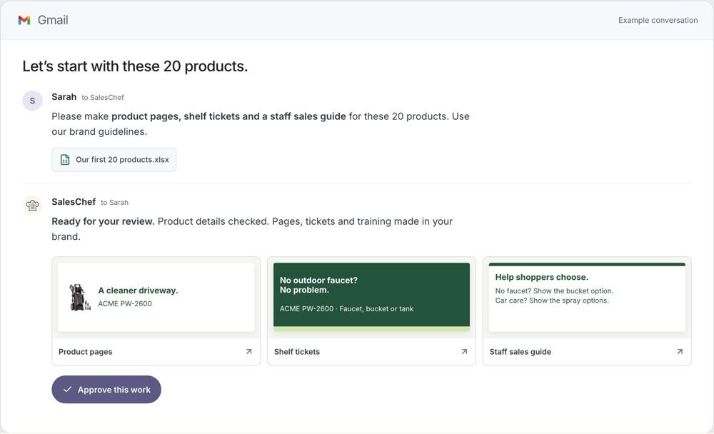 An email from SalesChef with product pages, shelf tickets and a sales guide ready for review
