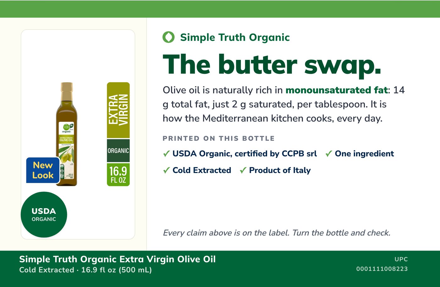 Kroger shelf card for Simple Truth Organic Extra Virgin Olive Oil: The butter swap.
