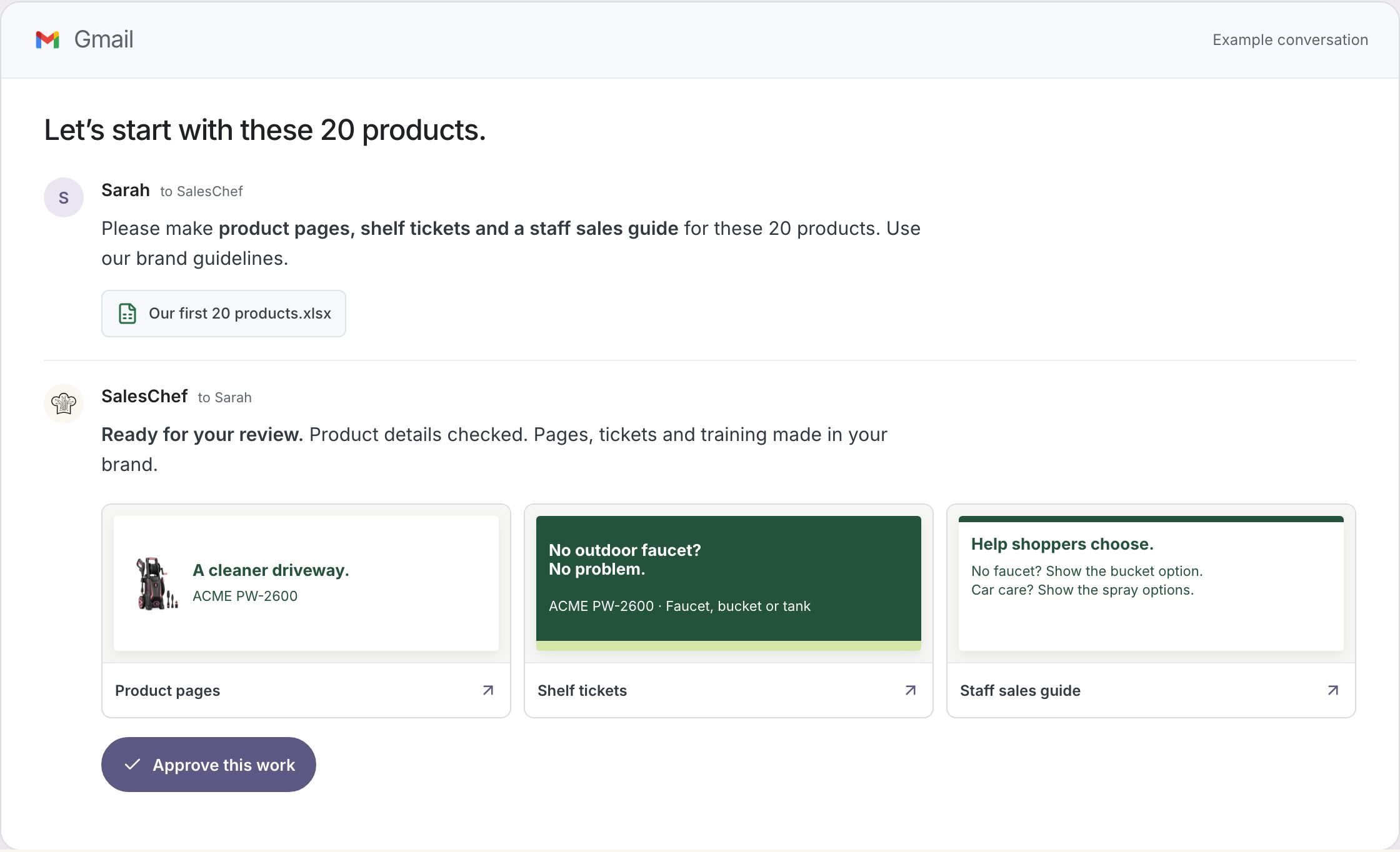 Sarah asks SalesChef for product pages, shelf tickets and a staff sales guide for 20 products. SalesChef replies: ready for your review.