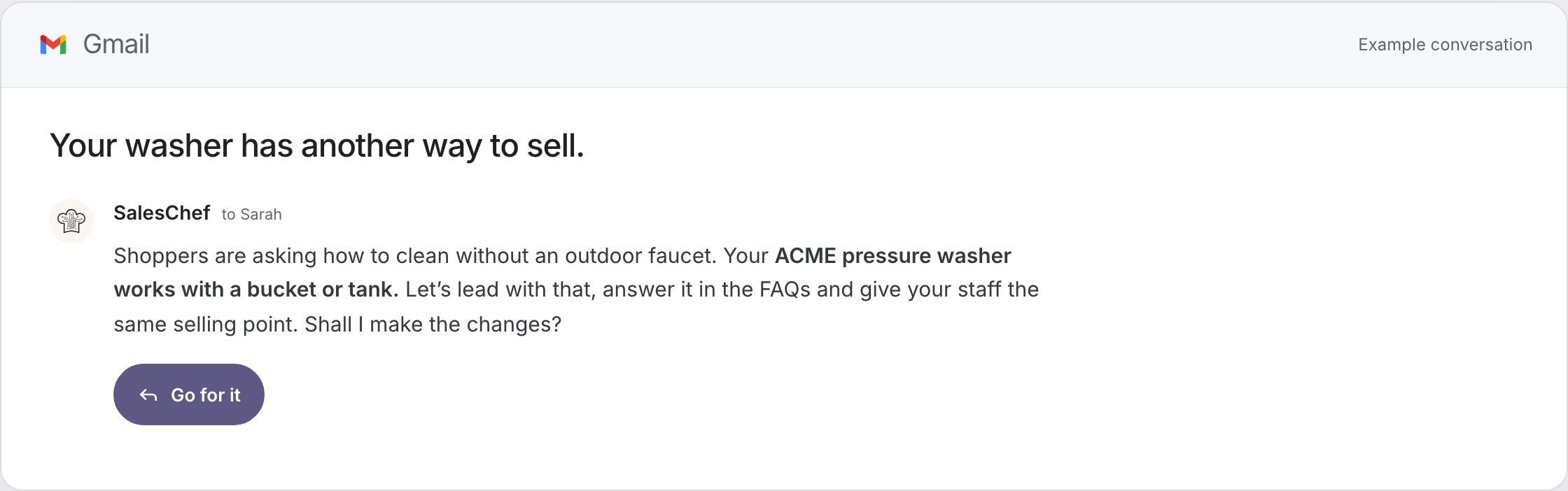 SalesChef tells Sarah: shoppers are asking how to clean without an outdoor faucet; the ACME washer works with a bucket or tank. Go for it.