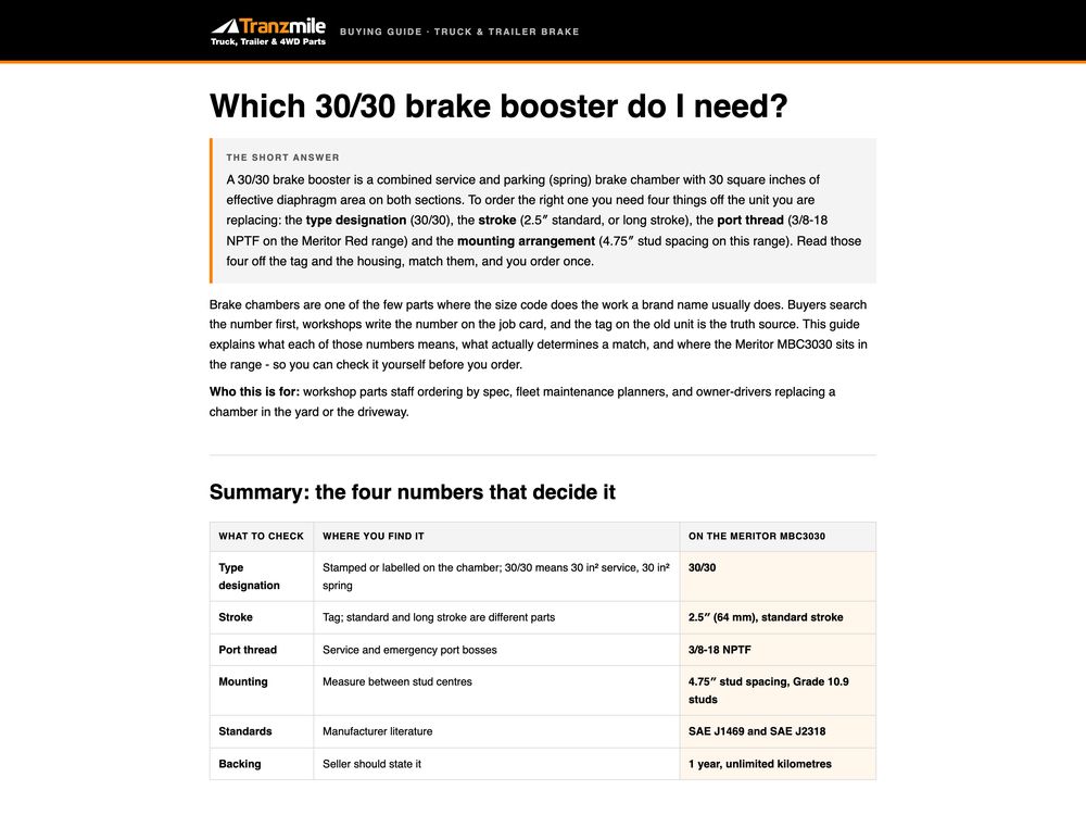 Buying guide, Meritor MBC3030 brake booster, for Tranzmile, made by SalesChef