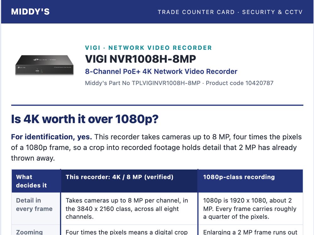 Counter card, VIGI NVR1008H-8MP recorder, for Middy’s, made by SalesChef