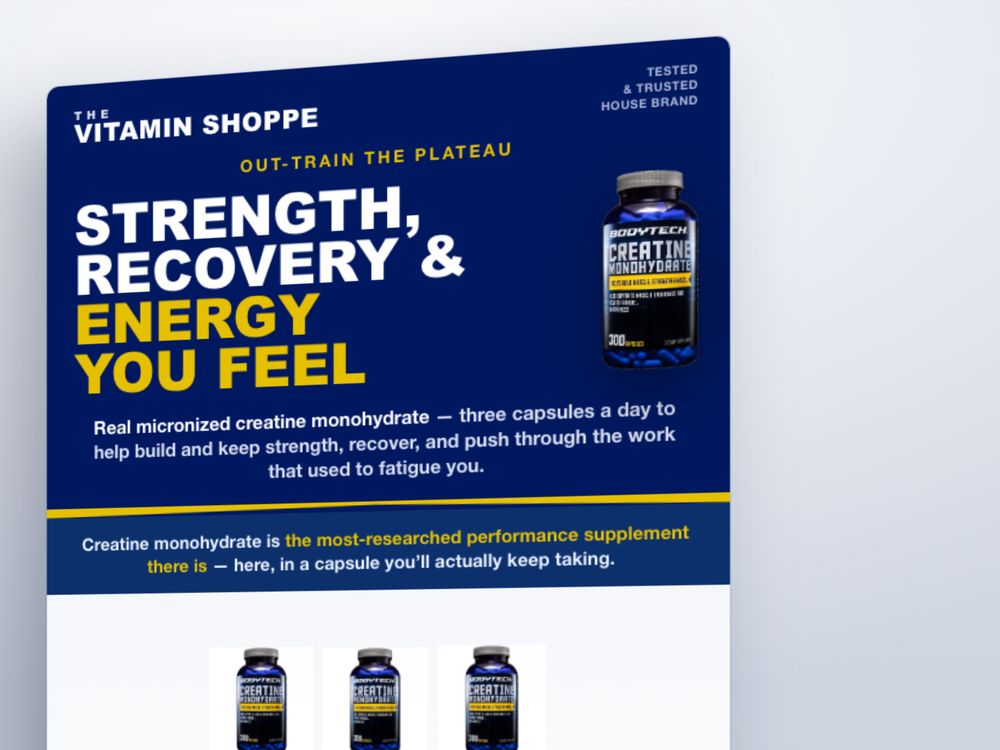 End-cap, BodyTech Creatine Monohydrate Capsules, for The Vitamin Shoppe, made by SalesChef