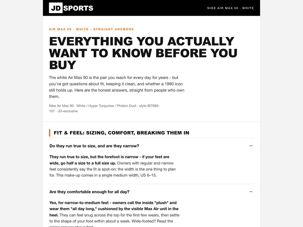 Product FAQ, Nike Air Max 90, for JD Sports, made by SalesChef