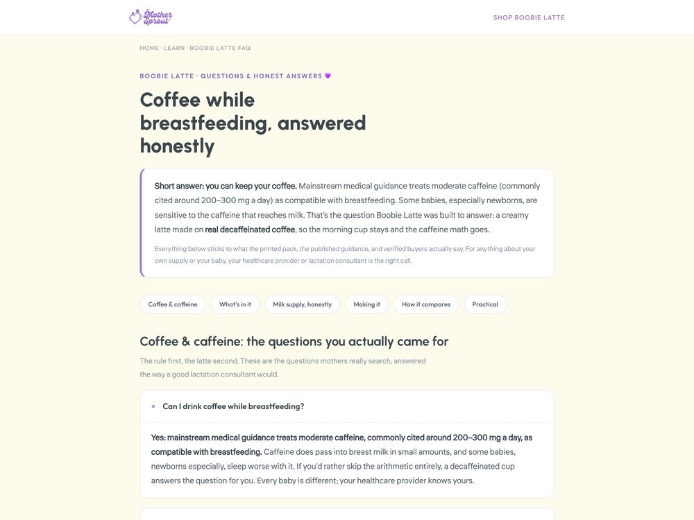Product FAQ, Boobie Latte, for Mother Sprout, made by SalesChef