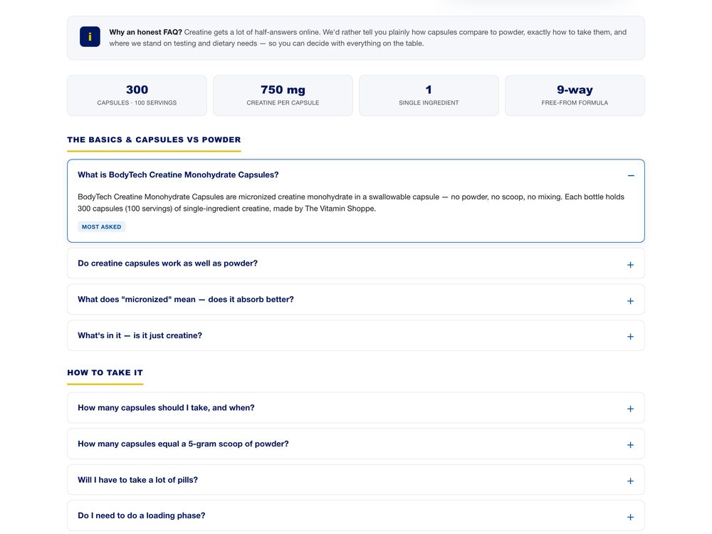 Product FAQ, BodyTech Creatine Monohydrate Capsules, for The Vitamin Shoppe, made by SalesChef
