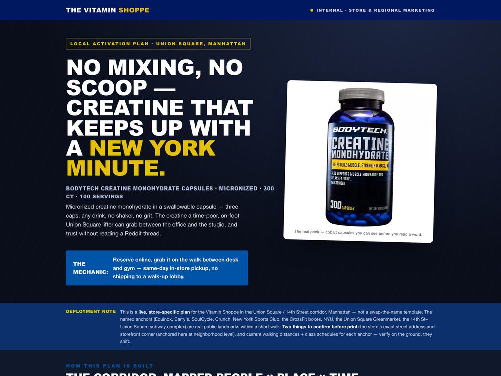Local plan, BodyTech Creatine Monohydrate Capsules, for The Vitamin Shoppe Union Square, made by SalesChef