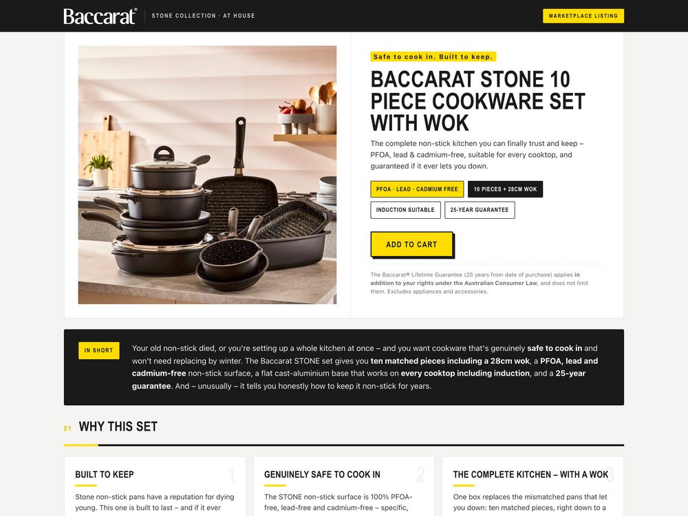 Marketplace listing, Baccarat Stone 10 piece cookware set, for House, made by SalesChef