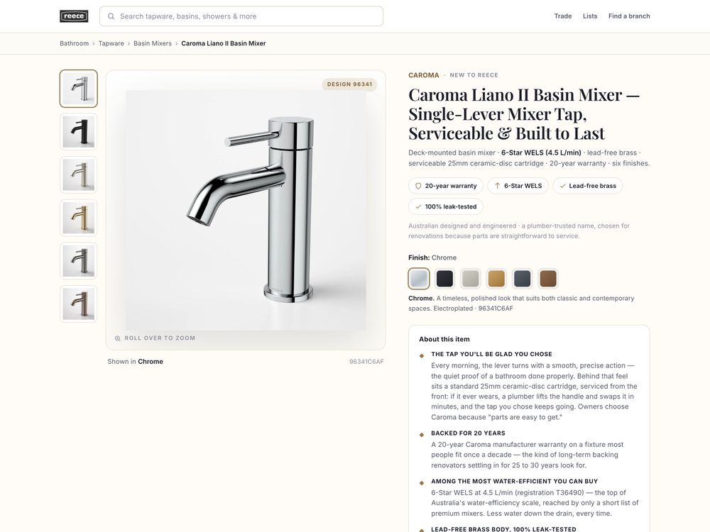 Marketplace listing, Caroma Liano II basin mixer, for Reece, made by SalesChef