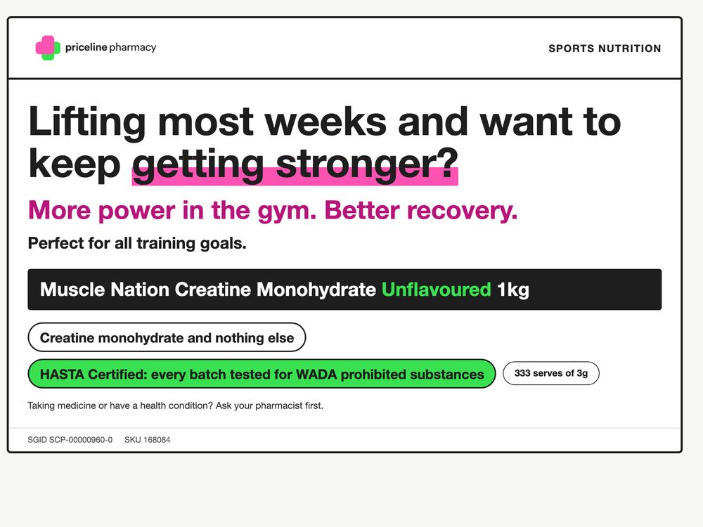Shelf ticket, Muscle Nation Creatine Monohydrate 1kg, for Priceline, made by SalesChef