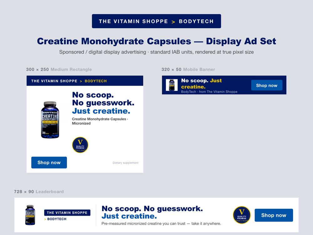 Display ads, BodyTech Creatine Monohydrate Capsules, for The Vitamin Shoppe, made by SalesChef