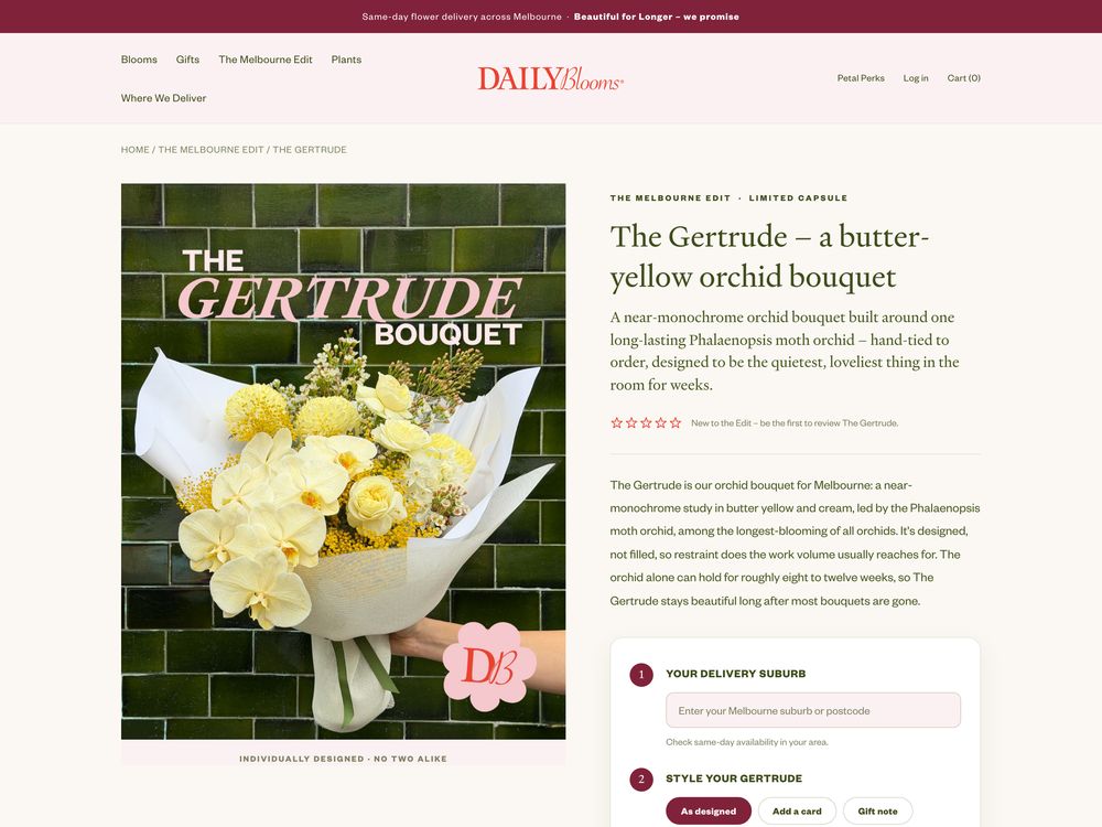 Product page, The Gertrude bouquet, for Daily Blooms, made by SalesChef