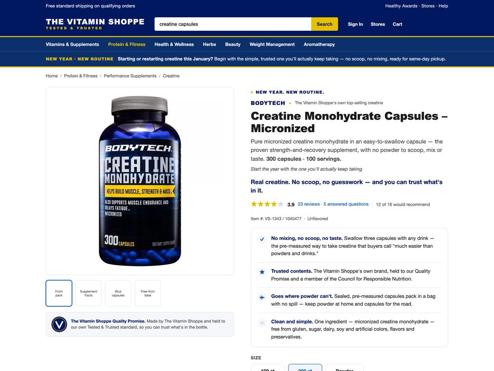 Product page, BodyTech Creatine Monohydrate Capsules, for The Vitamin Shoppe, made by SalesChef