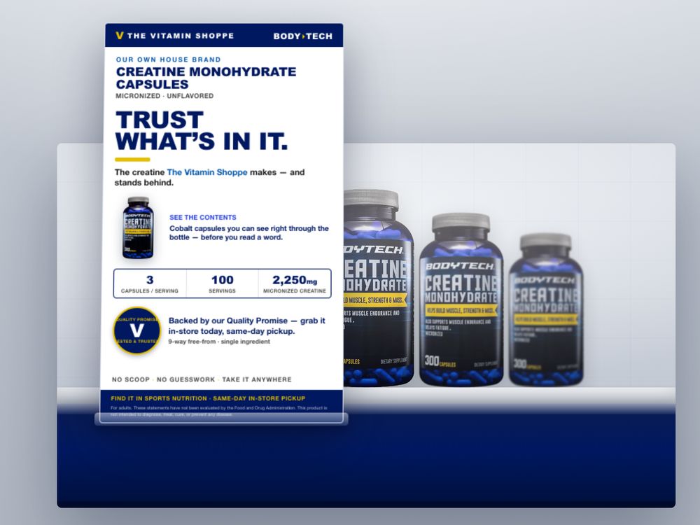 Shelf talker, BodyTech Creatine Monohydrate Capsules, for The Vitamin Shoppe, made by SalesChef