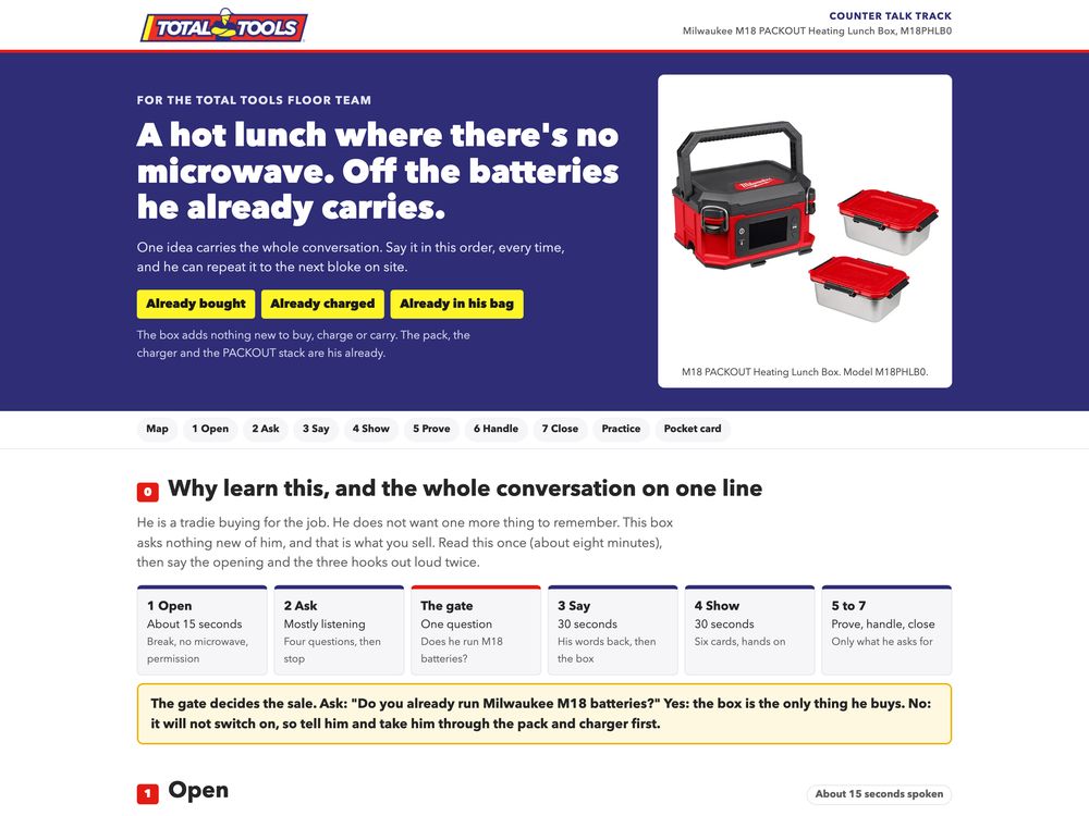 Counter talk track, Milwaukee M18 PACKOUT Heating Lunch Box, for Total Tools, made by SalesChef