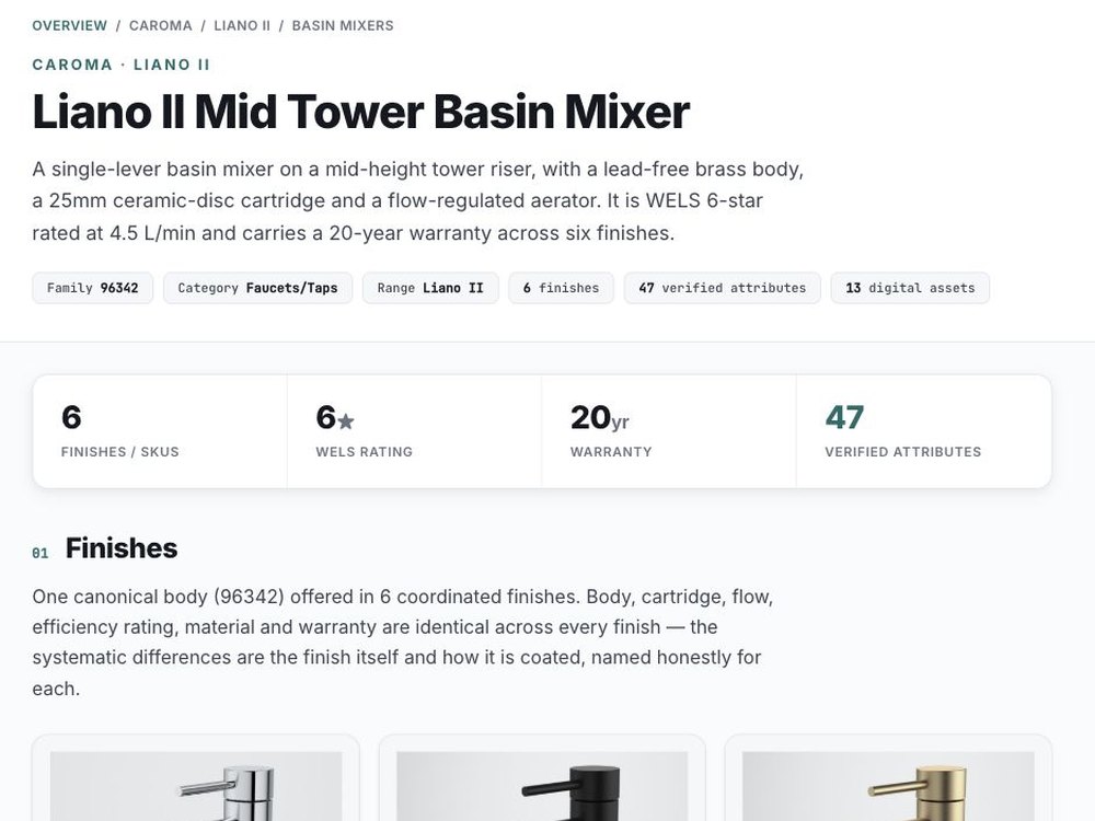 Product record, Caroma Liano II Mid Tower Basin Mixer, for Reece, made by SalesChef