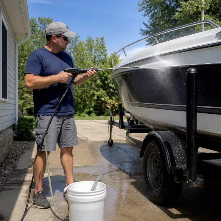 ACME social post showing a man rinsing his boat on its trailer, with the water drawn from a bucket