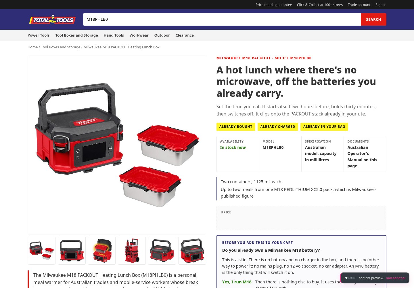 SalesChef product page for Milwaukee M18 heated lunch box